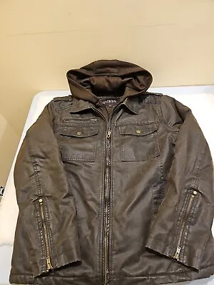 GUESS Men's Jacket Distressed Marty Mcfly Brown Faux Leather Fleece Lined Medium • $54.99