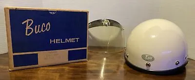 Vintage BUCO Defender Half Helmet White W/Chin Strap/Cup Visor  Original Box • $575