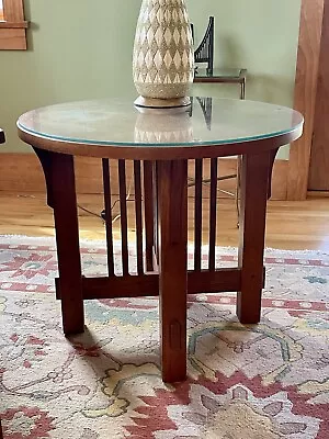 Stickley Style Mission Oak Round Inlaid Lamp Table Arts & Crafts 26 W 22 H • $795