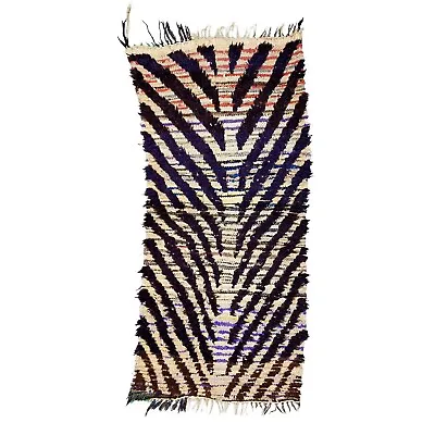 Moroccan Handmade Vintage Rug 3'x6'5 Berber Striped Purple Wool & Cotton Carpet • $233.40