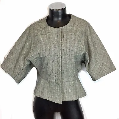 A Detacher Womens Gray Woven Wool Wide 3/4 Sleeve Peplum Cropped Jacket Size 8 • $189.99