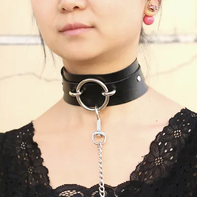 Gothic Punk O-ring Leather Choker Collar With Chain Leash Set Cosplay Necklace • $9.99