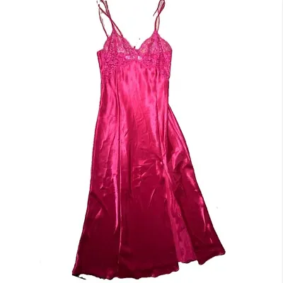 VINTAGE Victoria’s Secret Satin Hot Pink Lace Long Slip Dress Gown With Slit Y2K • $25