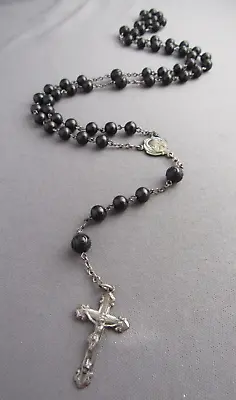 Vintage Chapel Sterling Black Lucite Bead Rosary Necklace • $39.99