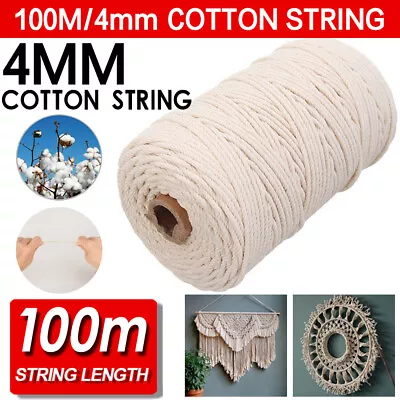 100m 100% 4mm Natural Cotton String Twisted Cord Beige Craft Macrame Artisan HOT • $12.59