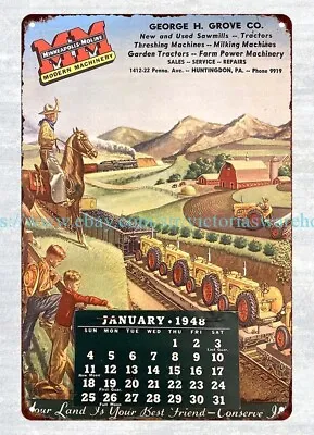 1948 Minneapolis Moline Calendar Metal Tin Sign George H Grove Co Huntington PA • $18.99