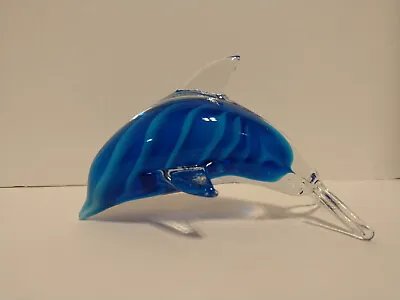 Murano Style DOLPHIN Hand Blown Glass Blue Swirl Art Paperweight Figure Fish • $14.95