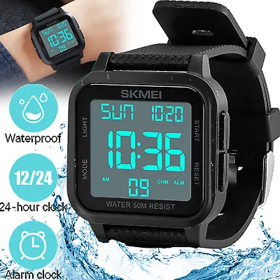 Mens Digital Sports Watch Military Tactical LED Backlight Wristwatch Waterproof • £8.89