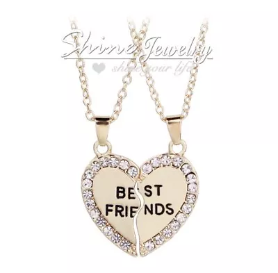 Best Friend Gift Heart Rhinestone Gold 2 Pendants Necklace Bff Womens Friendship • $15.85