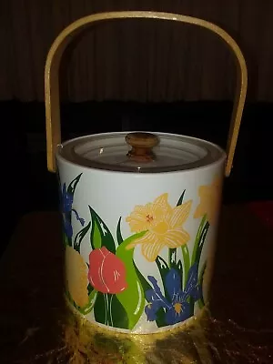 $32 • Buy Vtg MCM Georges Briard Ice Bucket With Lid - Colorful Bright Flowers Wood Handle