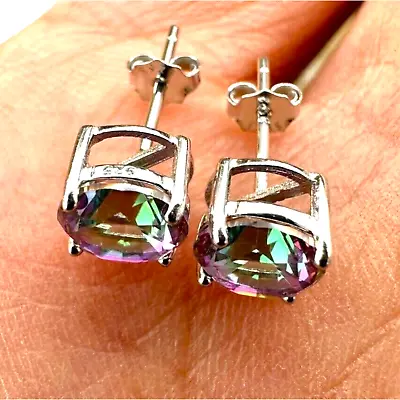 925 Sterling Silver Rainbow Mystic Topaz 6MM Stud Earrings For Women FREE SHIP • $13.98