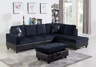 L-shape Flannel PVC Faux Leather 3-Piece Couch Living Room Sofa Set With Ottoman • $675.68