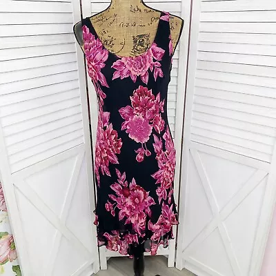 Eva Blue Slip Dress Womens 6 Black Pink Floral Beaded Chiffon Sleevess Tiered • $29.99