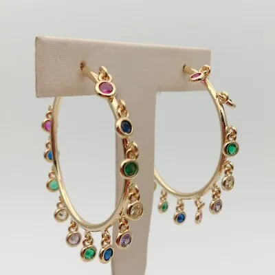 Rainbow Cz Charm Earrings Jewelry Gold Color Circle Hoop Chandelier Earrings • $14.81