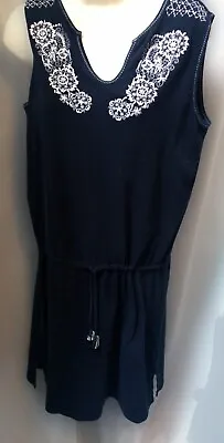 Island Clothing Company 100% Cotton Dress Navy Floral Embroidery Beads Size Lg • $14.95