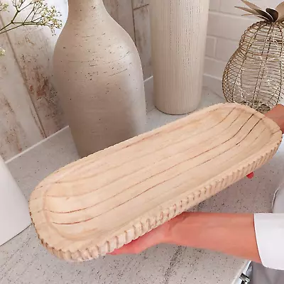 Long Wooden Decorative Hand Carved  Statement Bowl Large 41.5 Cm / 16.3 Inch • £36.99