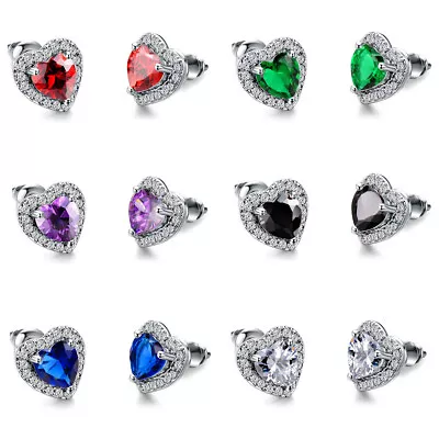 925 Sterling Silver Diamante Heart Stud Earrings Womens Girls Jewellery Gift New • £2.99