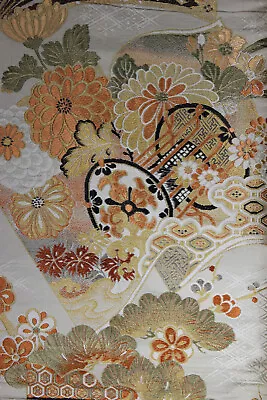 Antique Textile Japanese Woven Silk Maru Obi Fabric Pine Chrysanthemum Drum 3 • £25