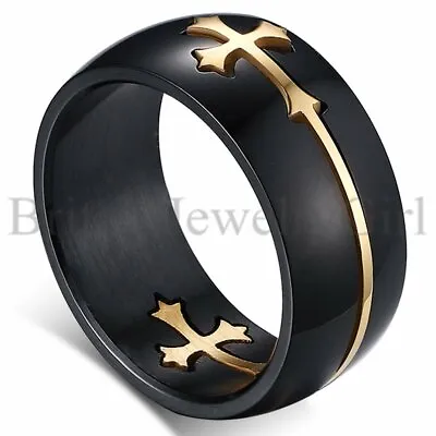 Mens Gold Tone Celtic Cross Black Stainless Steel Wedding Promise Ring Size 7-14 • $8.99