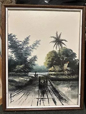 Vintage Signed Modernist Vietnamese Jungle Fish Farm Landscape Oil On Canvas • $125