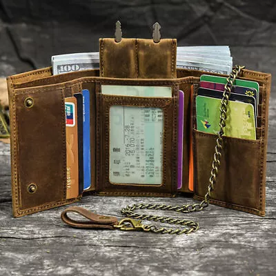 Mens Leather Tri-fold Vintage Biker Chain Wallet With Snap Closur CARD Holder U • $17.99