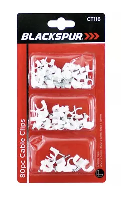 Blackspur 80 Pack White CABLE CLIPS 3 Assorted Sizes 6mm-8mm-10mm Home Tool Home • £2.99