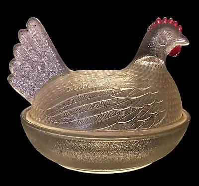 Hen On Nest Indiana Glass Clear Red Comb Chicken Covered Candy Dish Vintage • $20