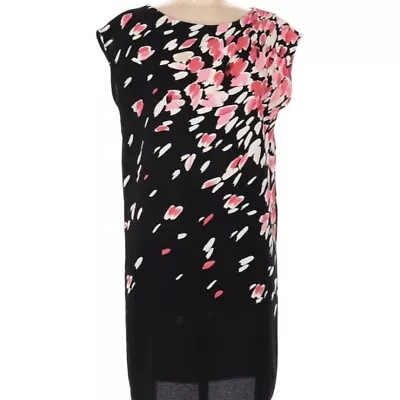 LOFT Sleeveless Dress Boxy Shift Style Size M Black & Pink Mod Floral Crepe • $6.75