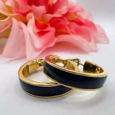 Vintage Monet Navy Blue Enamel Hinge Hoop Earrings Signed Preppy Classic Chic • $14.90