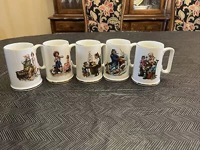 VINTAGE SET Of 5 Norman Rockwell Museum Coffee Mugs Cups White Gold Trim ‘85-‘86 • $25