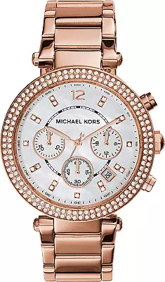 $149.99 • Buy MICHAEL KORS Parker Chronograph Watch Crystals Pearl Dial Rose Gold Band MK5491