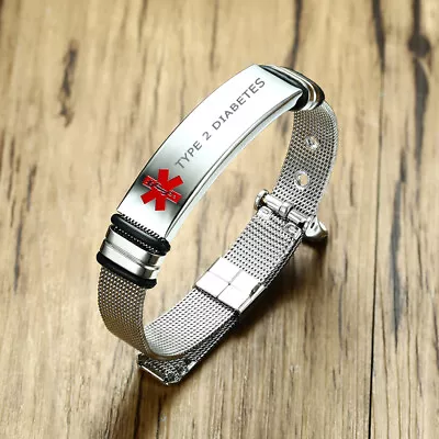 Silver Men Women Medical Alert Watch Band Cuff Bracelet Engraved TYPE 2 DIABETES • $12.19