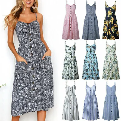 £15.49 • Buy Womens Floral Strappy Cami Midi Dress Ladies Holiday Beach Party Button Sundress