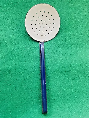 Vintage Enamelware Skimmer Ladle Strainer Hook Handle  14”  Blue & White Ware • $14.99