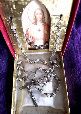 Vintage Italian Rosary Beads In A Presentation Box Silver Metal White Beads 21  • $25.20