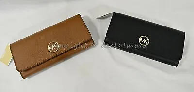 NWT Michael Kors 35H8GFTE1L Fulton Pebbled Leather Wallet In Luggage OR Black • $139