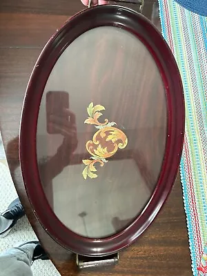 Vintage Glass & Wood Oval Butler’s Serving Tray Brass Inlay Handles Felted Btm • $24.99