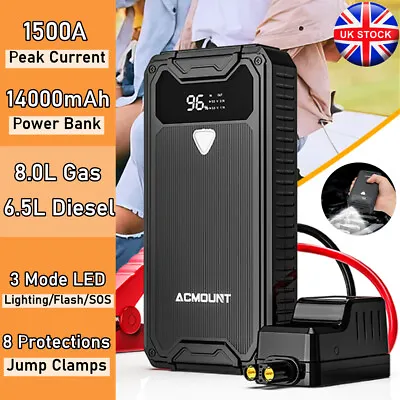 Car Jump Starter 1500A Peak 14000mAh 12V Lithium Battery Booster Pack Power Bank • £28.70