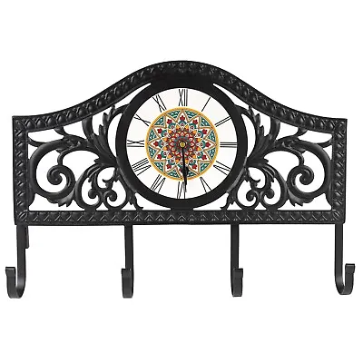 WALL MOUNTED BLACK METAL SCROLLWORK Hook Hat Rack Coat Holder With Mandala Clock • $27.99