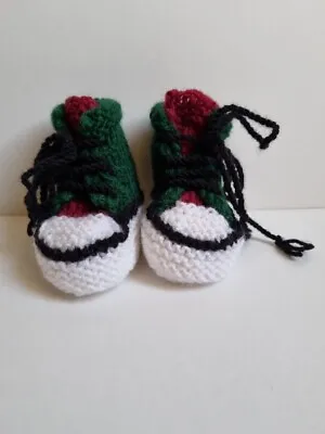 Handmade Crochet Baby Booties Converse Vans Style Lace Up Green & Red 0-3 • £6.50