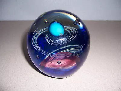 Large Vintage Clear & Cobalt Blue Art Glass Paperweight Spinning Planet & Moons • $19.99