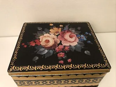 Vtg Hinged Tin Floral Box Case MFG Co. Made In England 7” X 6” X 3” Gold & Black • $19.95