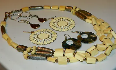 Vintage 1/2triple Strand Bone & Silver Beaded Tribal Necklace & 4 Pr Earrings • $23