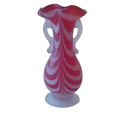 Vintage Nailsea Raspberry Red And White Satin Ruby Drape Vase 6-3/4 • £85.50