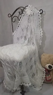 Hand Knitted Baby Blanket Lace Shawl Christening Baptism Newborn Baby Gift  • £59