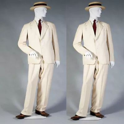 Vintage 1900's Men's Suits 2Pcs Beige Linen Bespoke Blazer Wedding Groom Tuxedos • $58.44