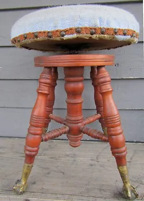 ANTIQUE PIANO STOOL W/ GLASS BALL & CLAW FEET -- EAGLE UPHOLSTERED SEAT • $65