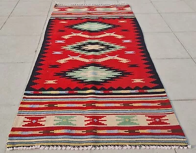 Authentic Hand Knotted Vintage Turkish Kilim Kilm Wool Area Rug 4.4 X 2.2 Ft • $10.50