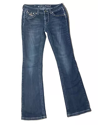 Miss Chic Blue Denim Embellished Thick Stitch Jeans Size 5 Women’s Animal Print • $26.99