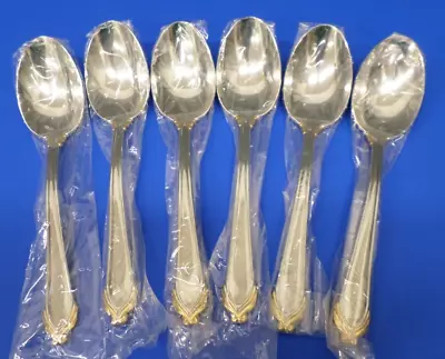 6 - Mikasa DELACROIX GOLD Glossy 18-8 Stainless Japan Flatware OVAL SOUP SPOONS • $36.95